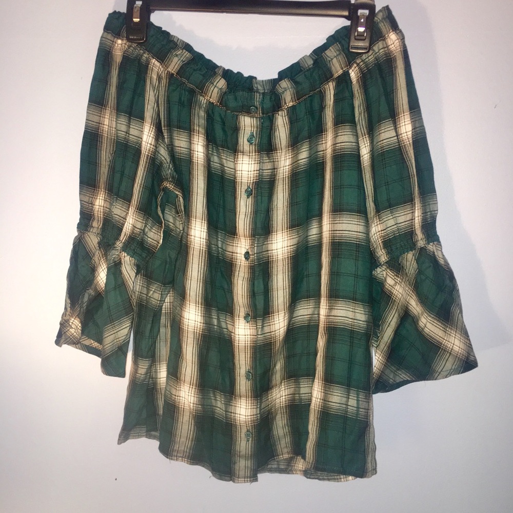 New York & Co. Off the Shoulder Plaid Shirt